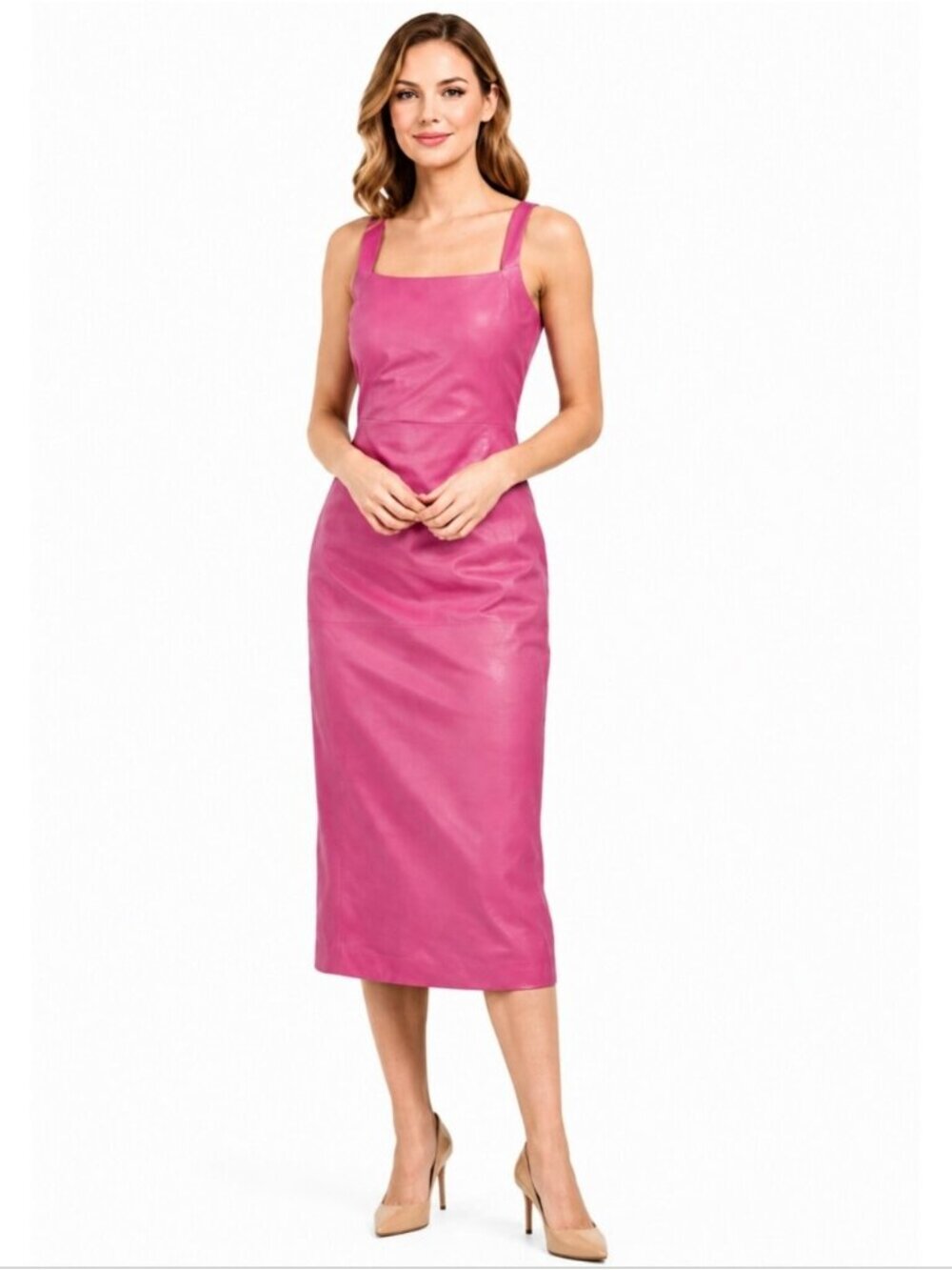 NWT Bod & Christensen Dina Pink Leather Midi Dress